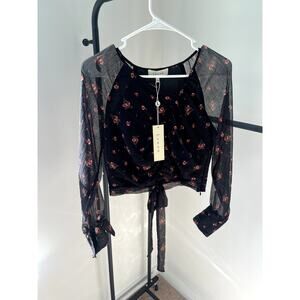 Small Lenon Anthropologie Floral Print Top with Sheer Sleeves NWT